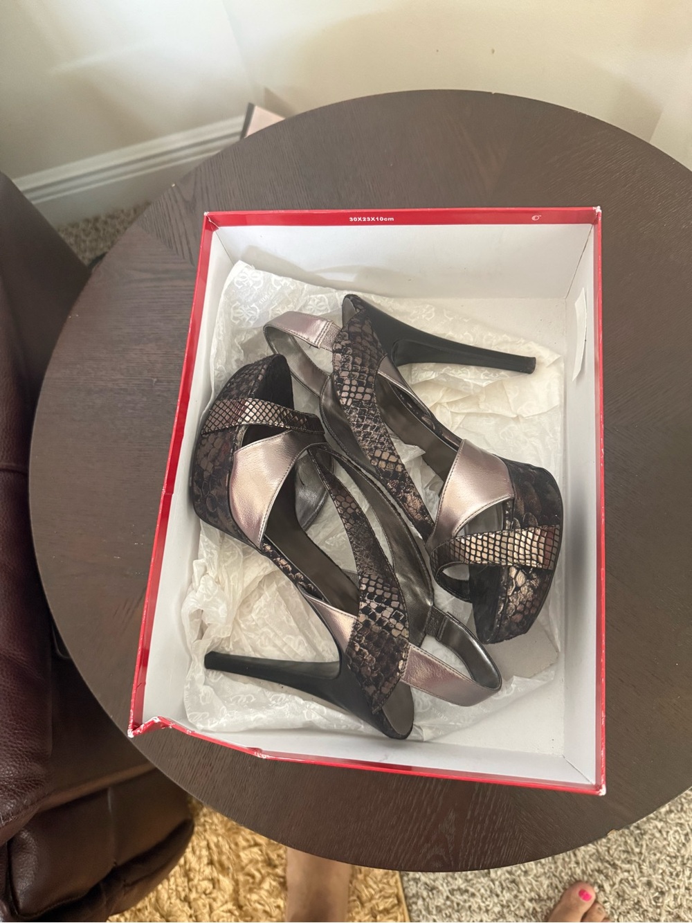Guess Metallic Taupe and Black Snakeskin Platform Heels